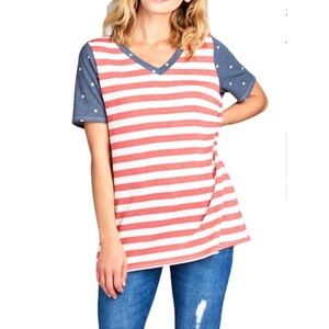 Mix Print Red White & Blue Striped and Polka Dot T-shirt